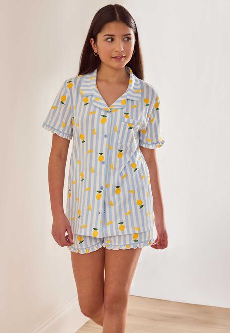 Girls Blue Lemon Stripe Short Pyjama Set