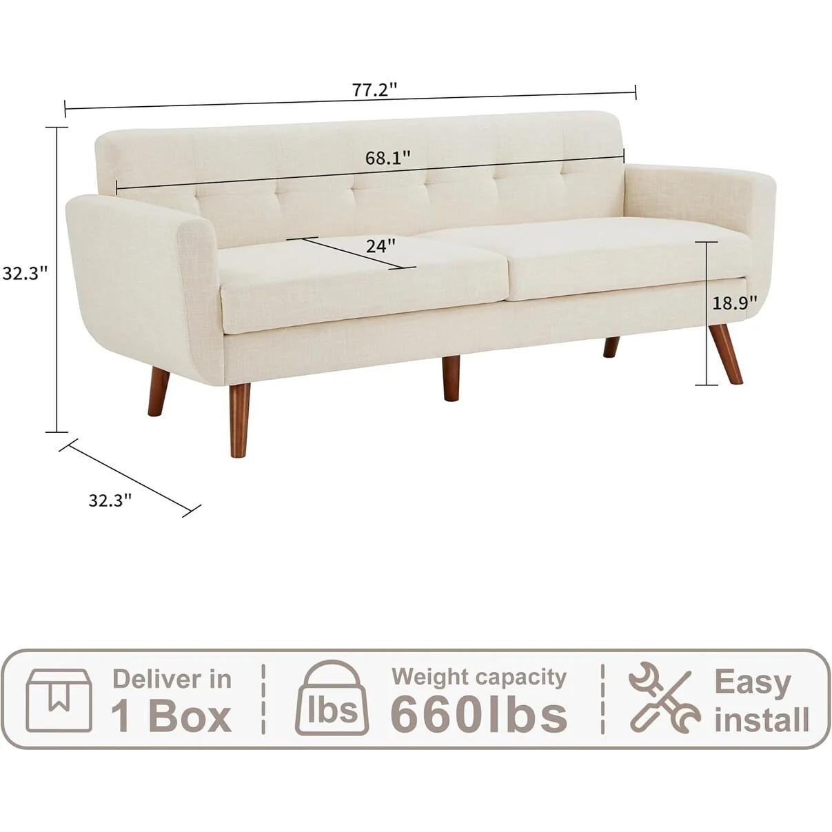 65 Mid Century Loveseat Sofa - Button Tufted Upholstered Small Couch for Living Room & Bedroom, Easy Assembly, Beige