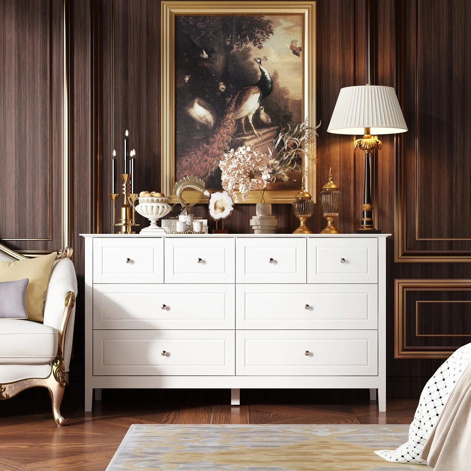 Chic Silver Knobbed White Dresser: Spacious and Elegant Storage Unit