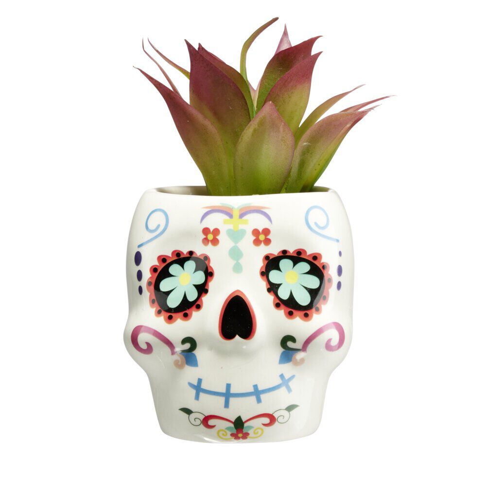Plante verte artificielle Halloween Calavera pot céramique blanc Ø8xH12cm (2 modèles)