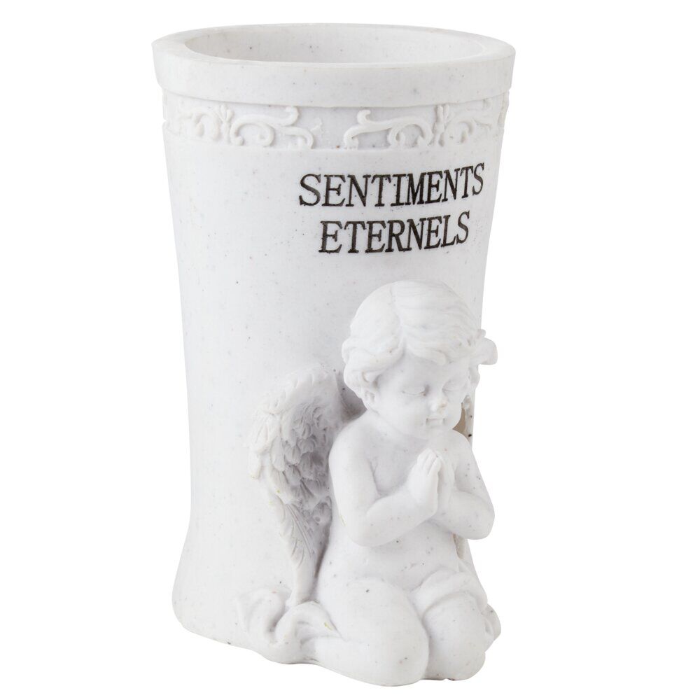 Ange funéraire avec vase à fleurs H18 cm résine blanc