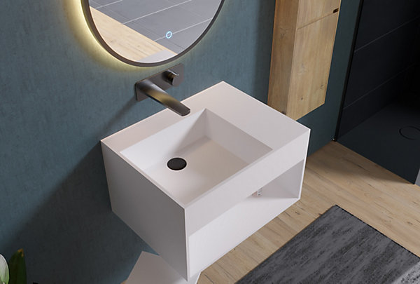 Lavabo à suspendre 60x46x35cm en fonte minérale avec espace de rangement - blanc mat - PB2158