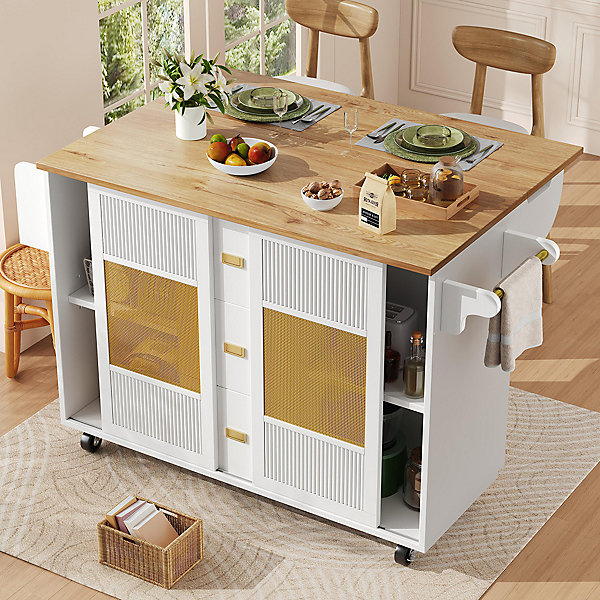 Armoire îlot indépendante 120x73x90 cm, roulettes, étagères réglables, porte-serviettes - blanc