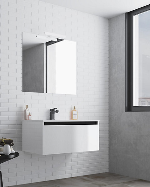 Ensemble de salle de bain meuble suspendu 80cm NICE EDGE blanc brillant - Vasque - Miroir - Applique
