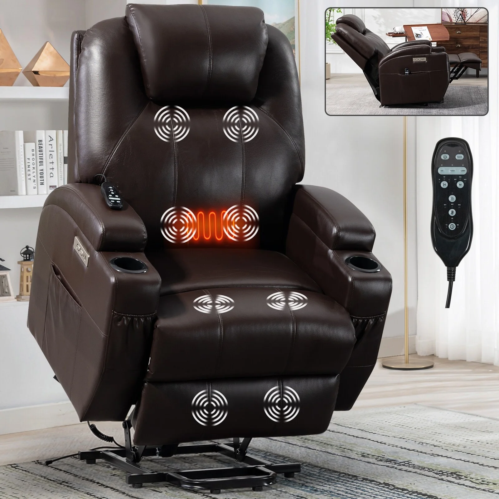 Black Power Lift Recliner with Okin Motor, 8-Point Vibration Massage, Lumbar Heating, Dual Cup Holders, and USB Ports