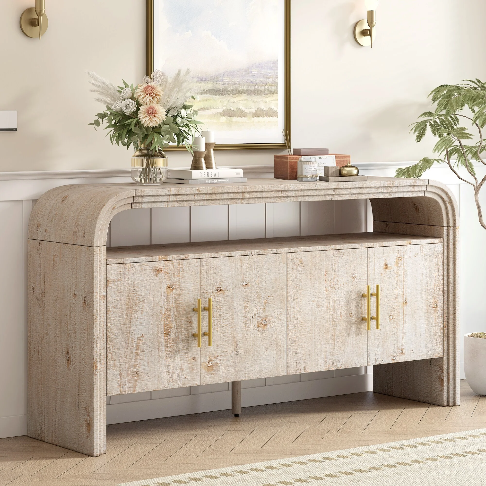 4 Door Arched Sideboard Console Table with Fir Wood Legs, Wooden Display Case Storage Cabinet with Metal Door Handle