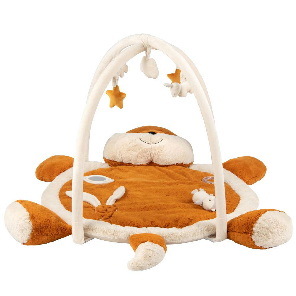 MIMIZAN - Tapis d'éveil bébé renard marron, écru et jaune moutarde