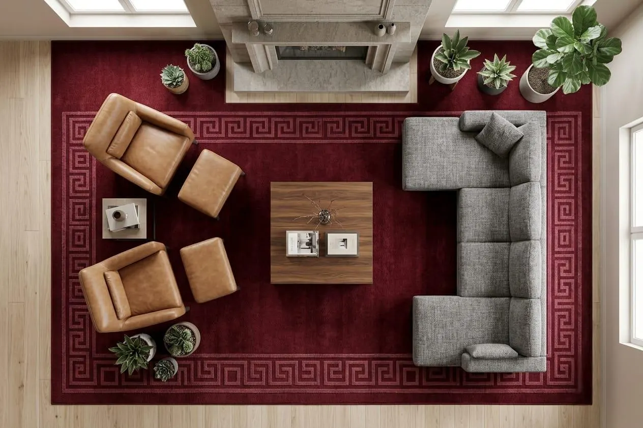 Burgundy Area Rug Large Wool Bedroom Carpet Modern Art Deco Border Rug