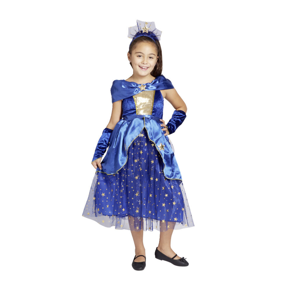 Déguisement fille 7/10 ans robe de magicienne bleue serre tête et gants