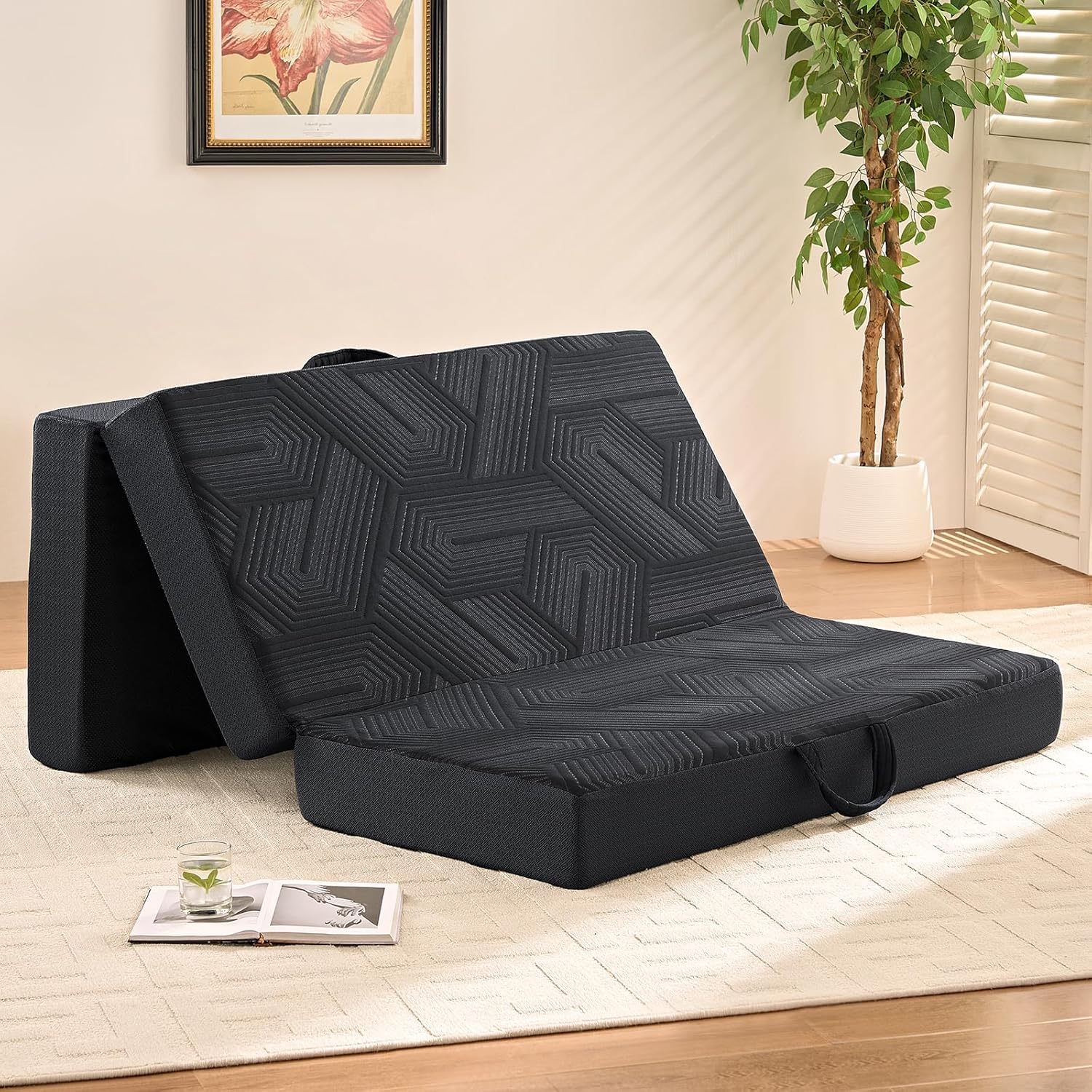 Trifold Mattress, 6 Inch Memory Foam Tri-Fold Mattress Queen Size, Foldable Sofa Bed with Washable Cover, Handles and Non-Slip Bottom for Yoga, Living Room, Camping, 78x 58 x 6, Black
