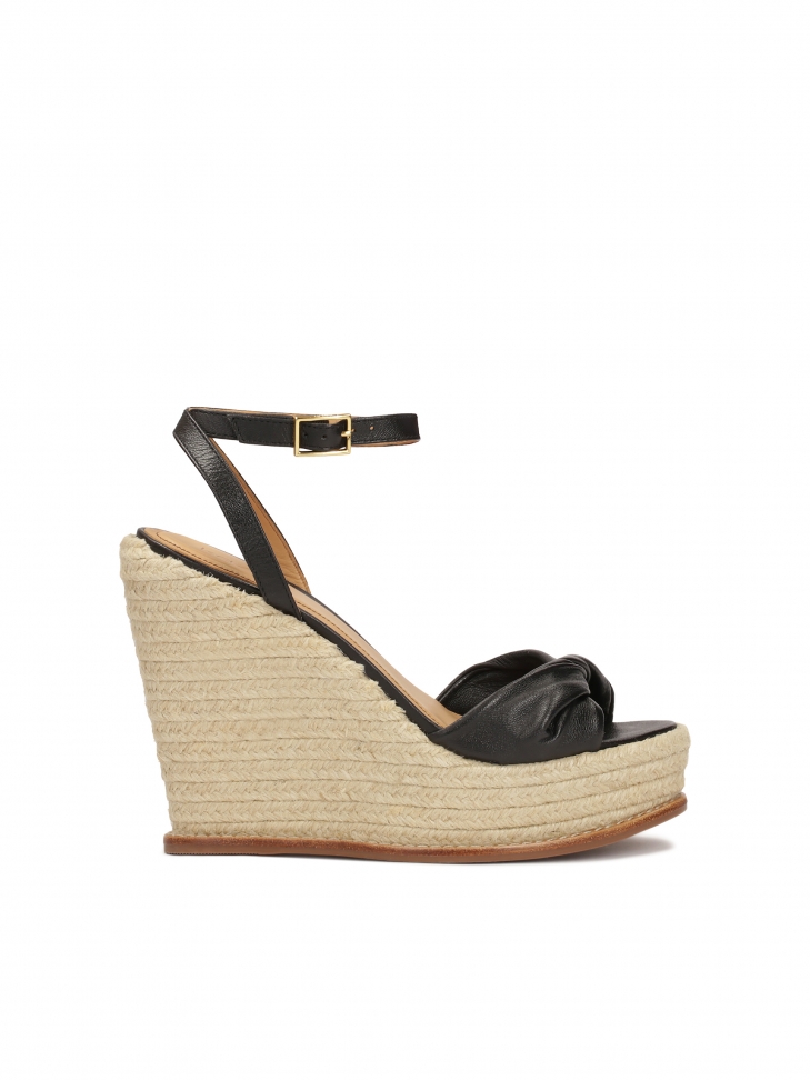 Black leather sandals on a platform