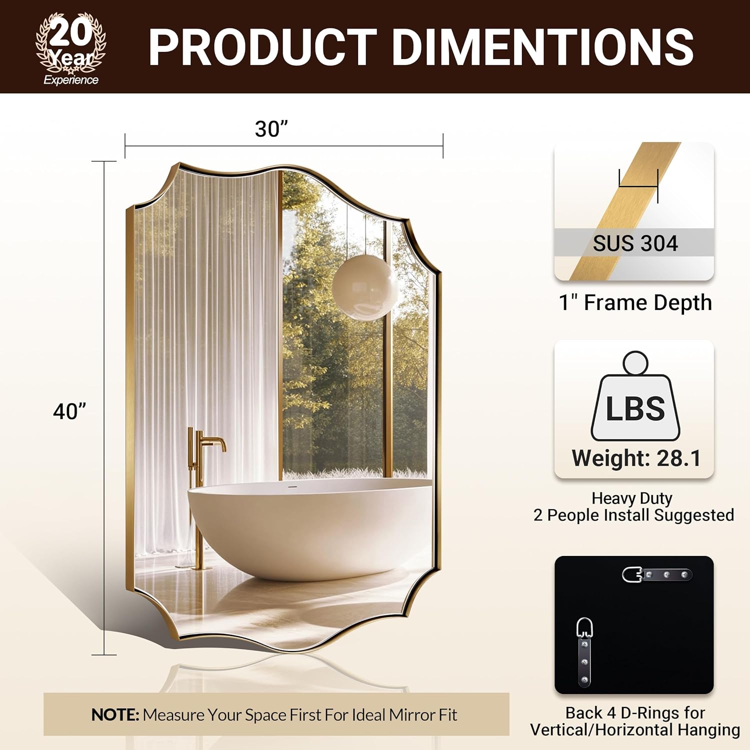 ANDY STAR 30x40 Brushed Gold Bathroom Mirror, Large Rectangle Scalloped Mirror, Antique Brass Mirror in Rust-Proof Stainless Steel 1 Frame, Unique Wavy Design, Ideal for Home Remodel