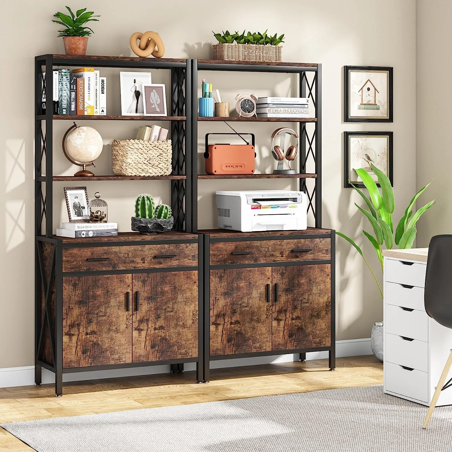 4-Tier Tall Bookshelf Bookcase with Drawer and Doors, Etagere Book Shelves Storage Cabinet Display Rack