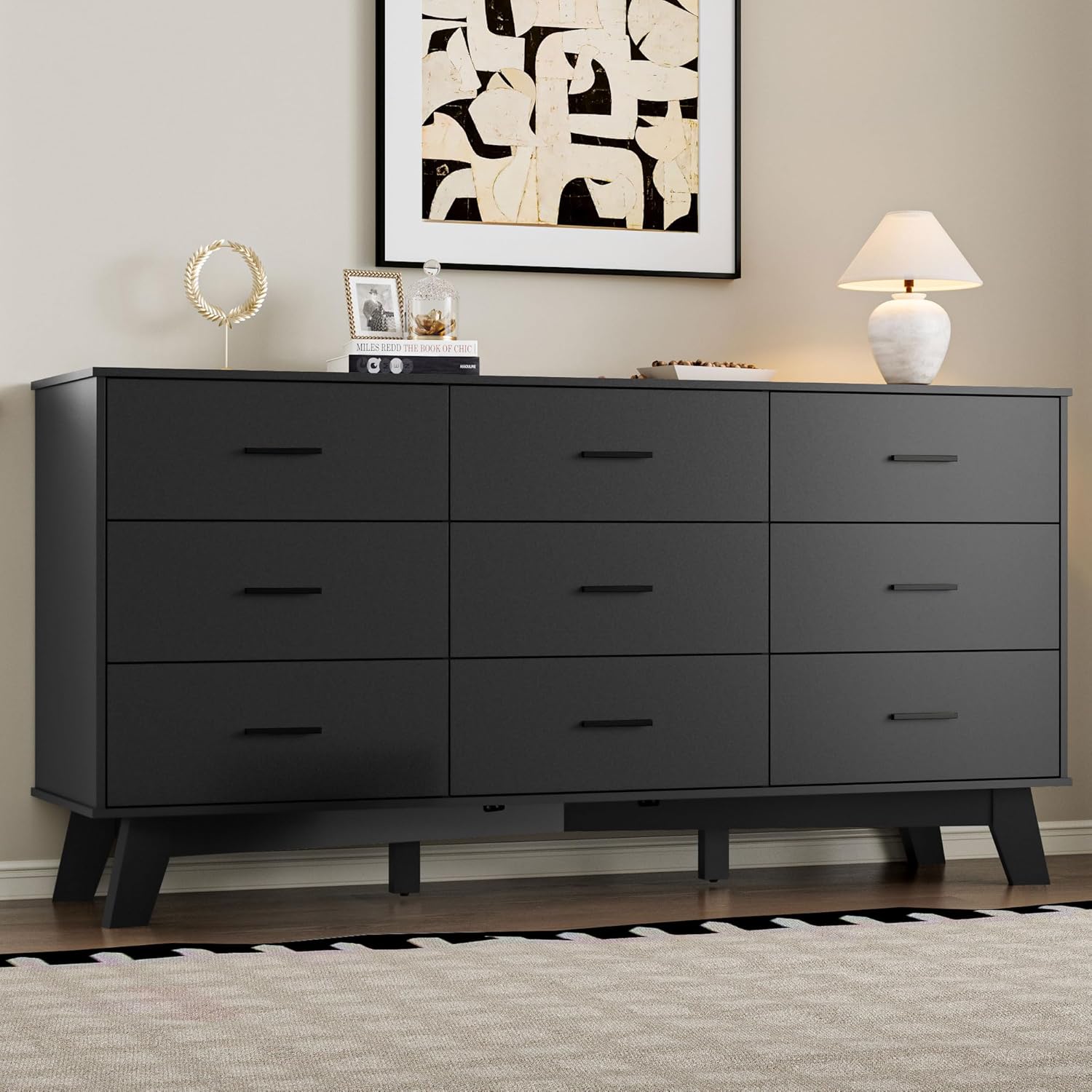 Dresser for Bedroom with 9-Drawer, 59 Wide Modern Chest of Drawers with Metal Handles, X-Shape Base & Adjustable Center Leg, Anti-Tip Closet Organizers and Storage
