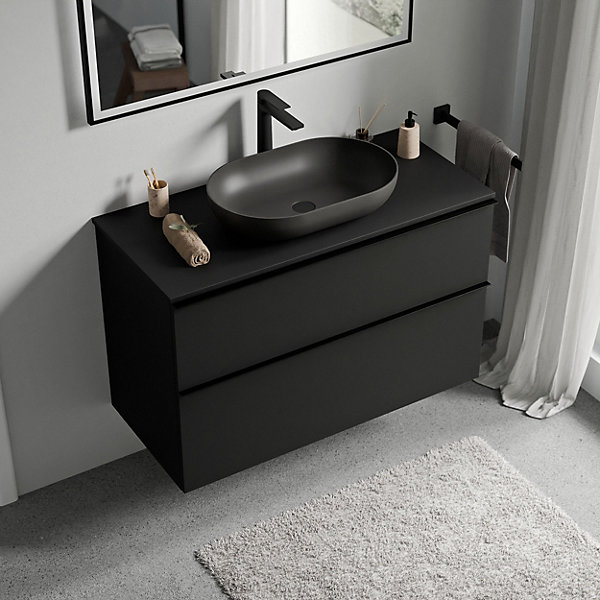 Meuble sous vasque suspendu MDF Noir mat, plan vasque Noir mat, poignée Chrome - 80x46x62cm - LAVOA
