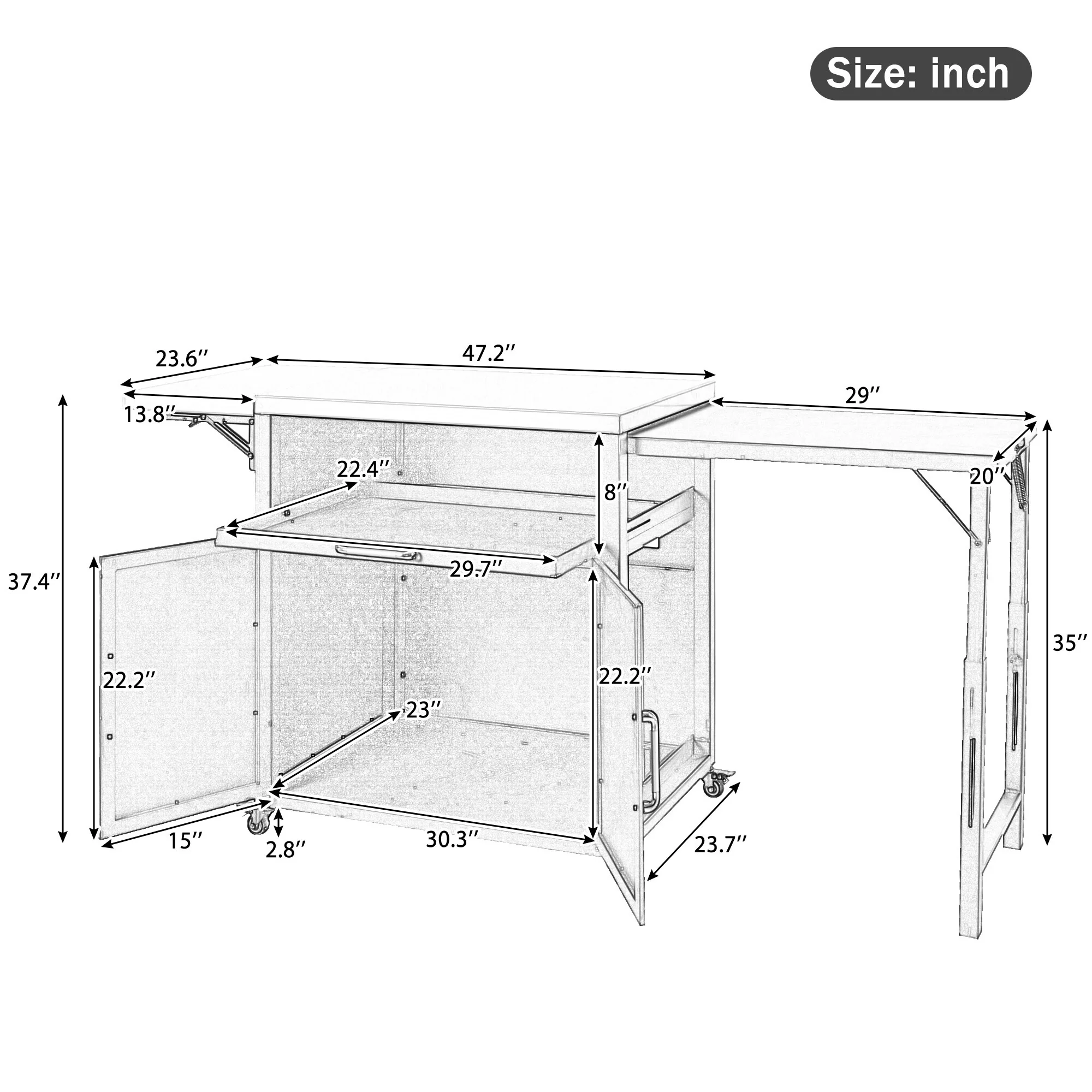 Outdoor Cabinet with Folding & Expandable Work Surfaces, Dual-Door Storage Cabinet w/ Stainless Steel Worktop & Lockable Wheels