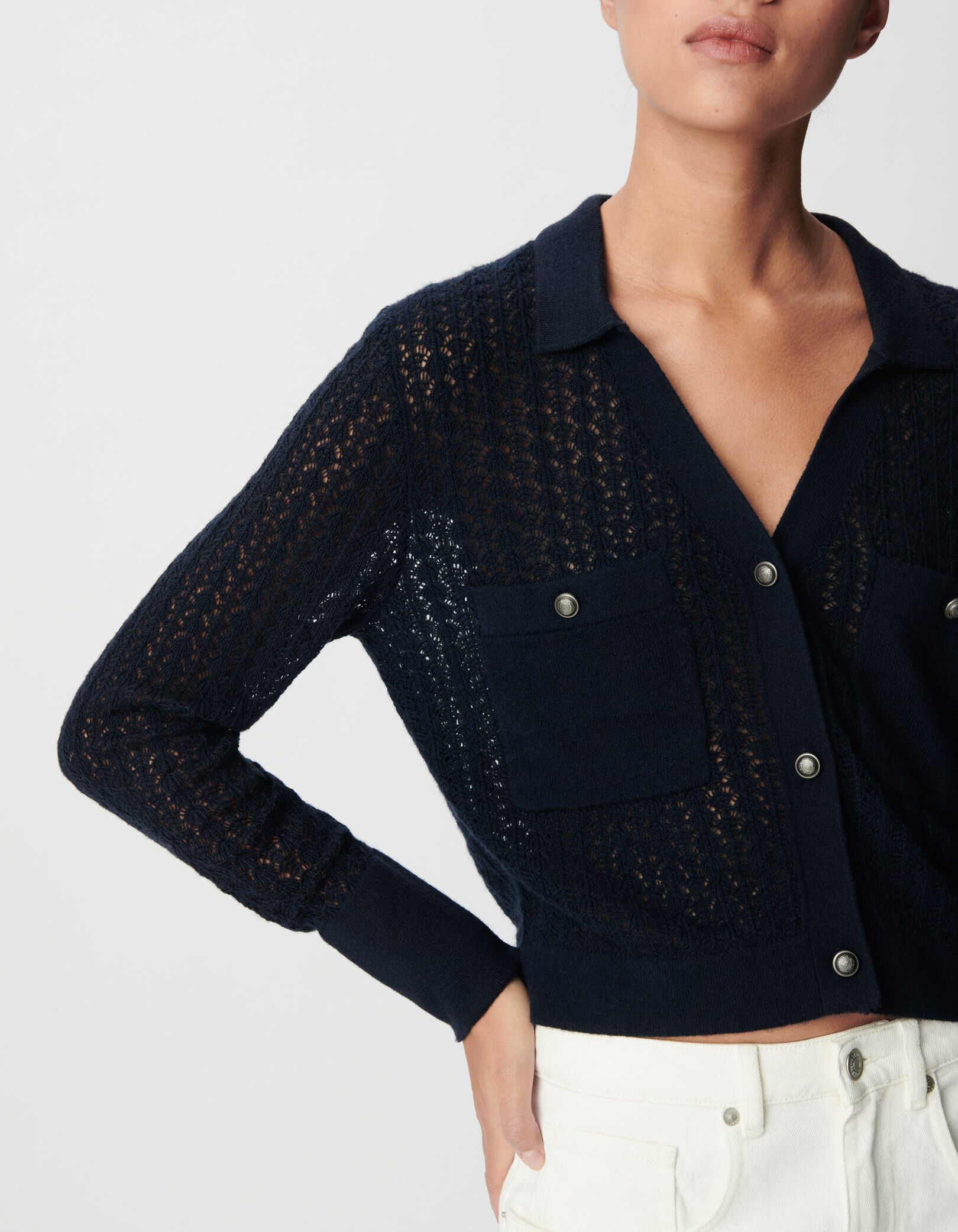 Cardigan court marine tricot fantaisie ajouré Femme