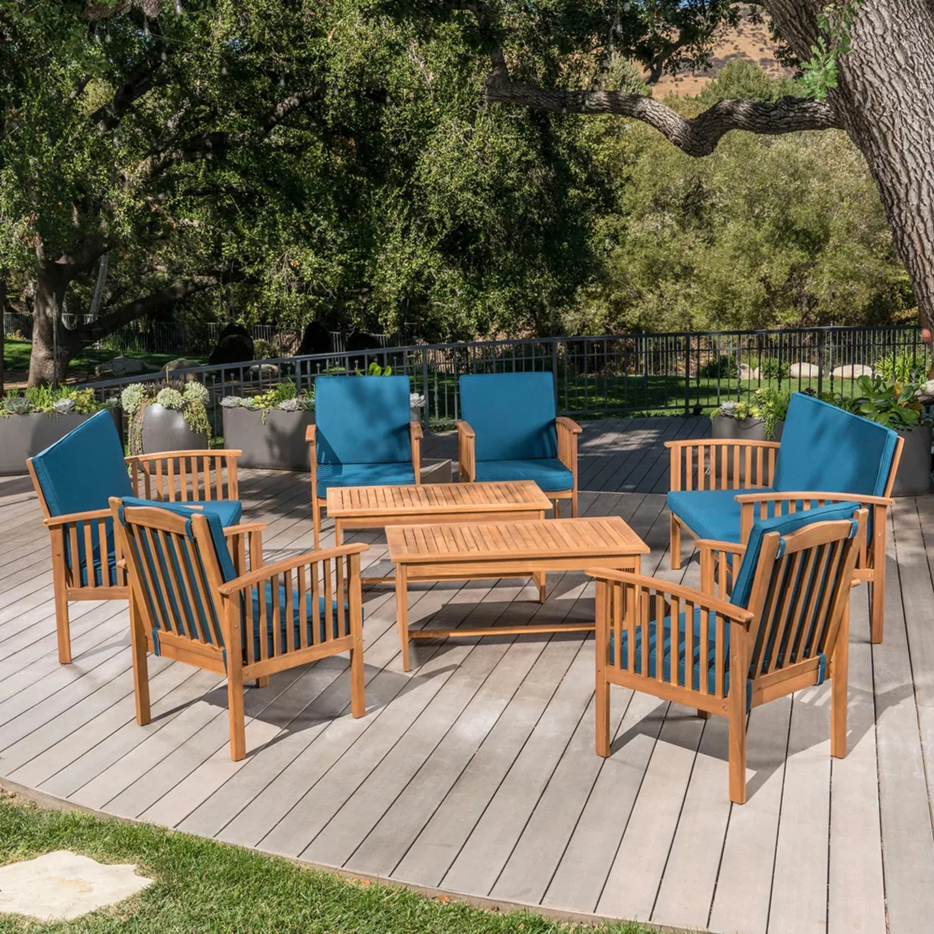 Outdoor Acacia Wood Sofa Set with Water Resistant Cushions, 8-Pcs Set, Brown Patina / Teal Blue