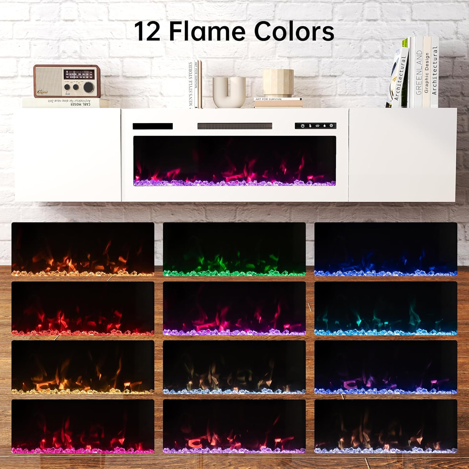 Real Relax 70 Floating TV Stand with 36 Electric Fireplace, Wall Mounted Entertainment Center with Storage, Remote Control, Modern LED Lights Fireplace TV Console for TVs Up to 80, All White