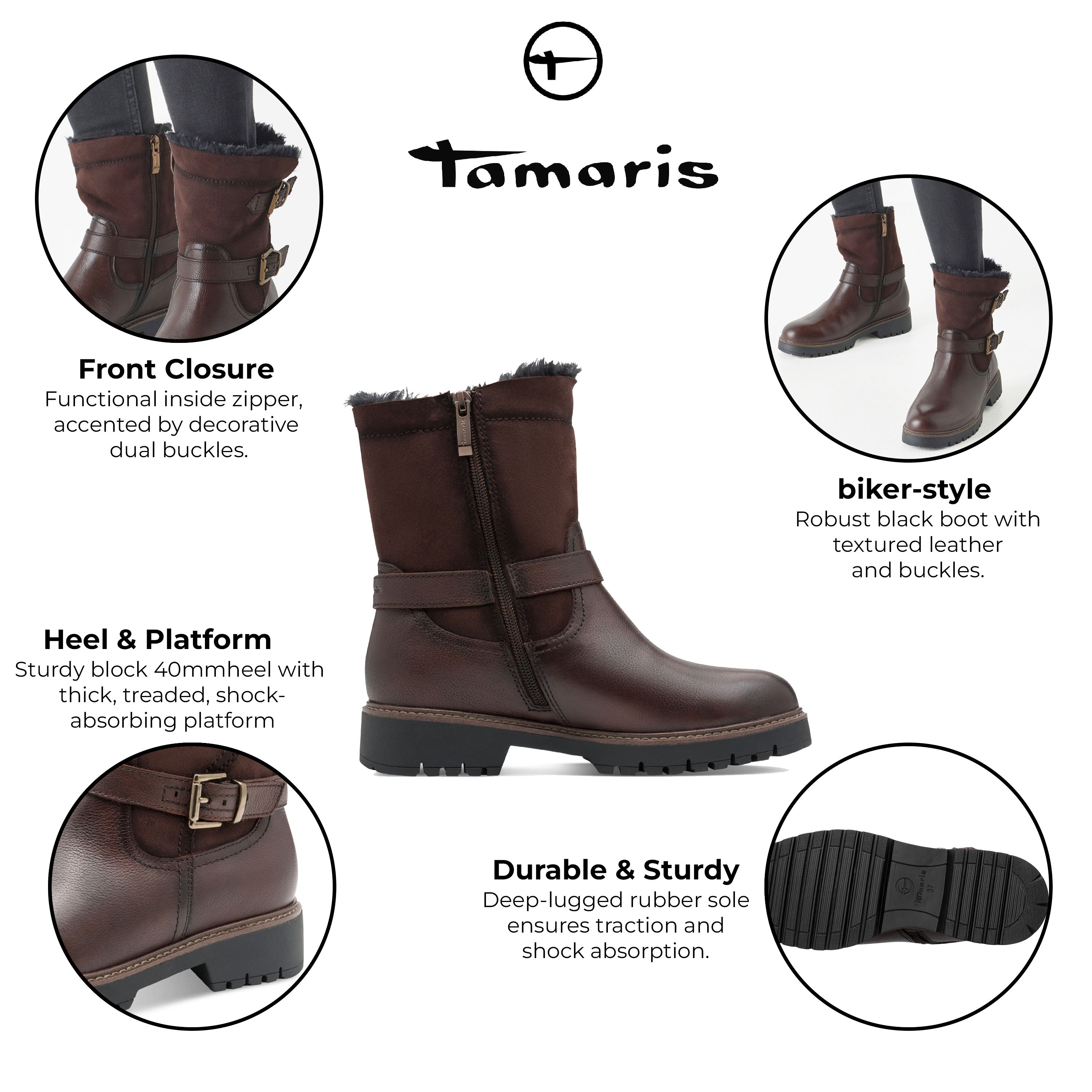 Infinity Leather Tamaris Winter Leather Buckle Zip Biker Ankle Boots