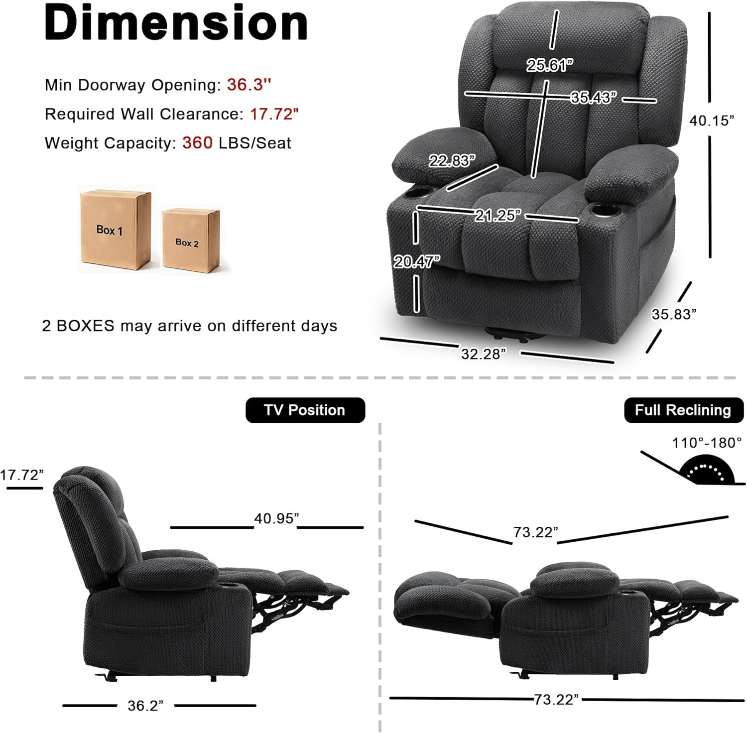 Dual-Motor Power Lift Chair Recliner for Elderly, Plush Fabric Lay Flat Large Lift Recliner with Extended Footrest, Massage and Heat, USB-A & Type C, Cup Holder, Side Pocket, Grey
