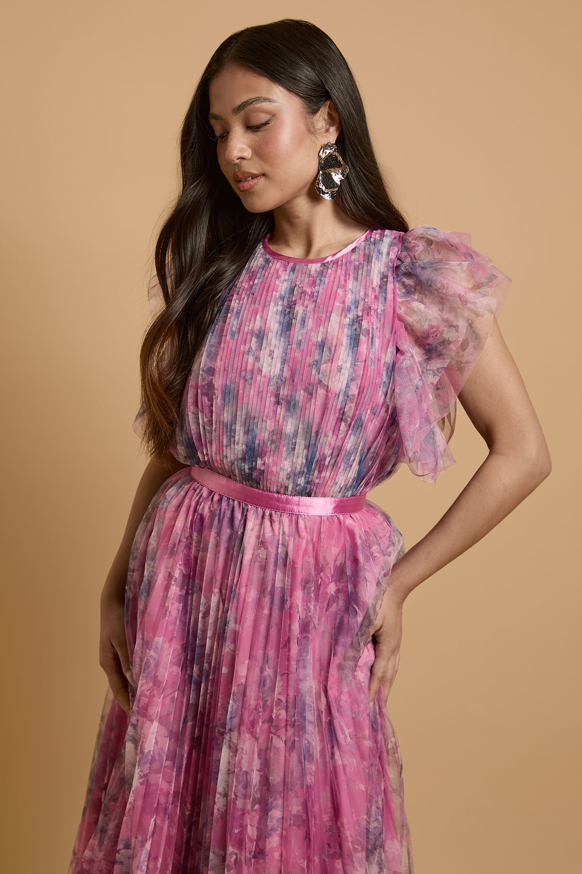 Oasis Petite Printed Pleated Mesh Midi Dress With Flutter Sleeve