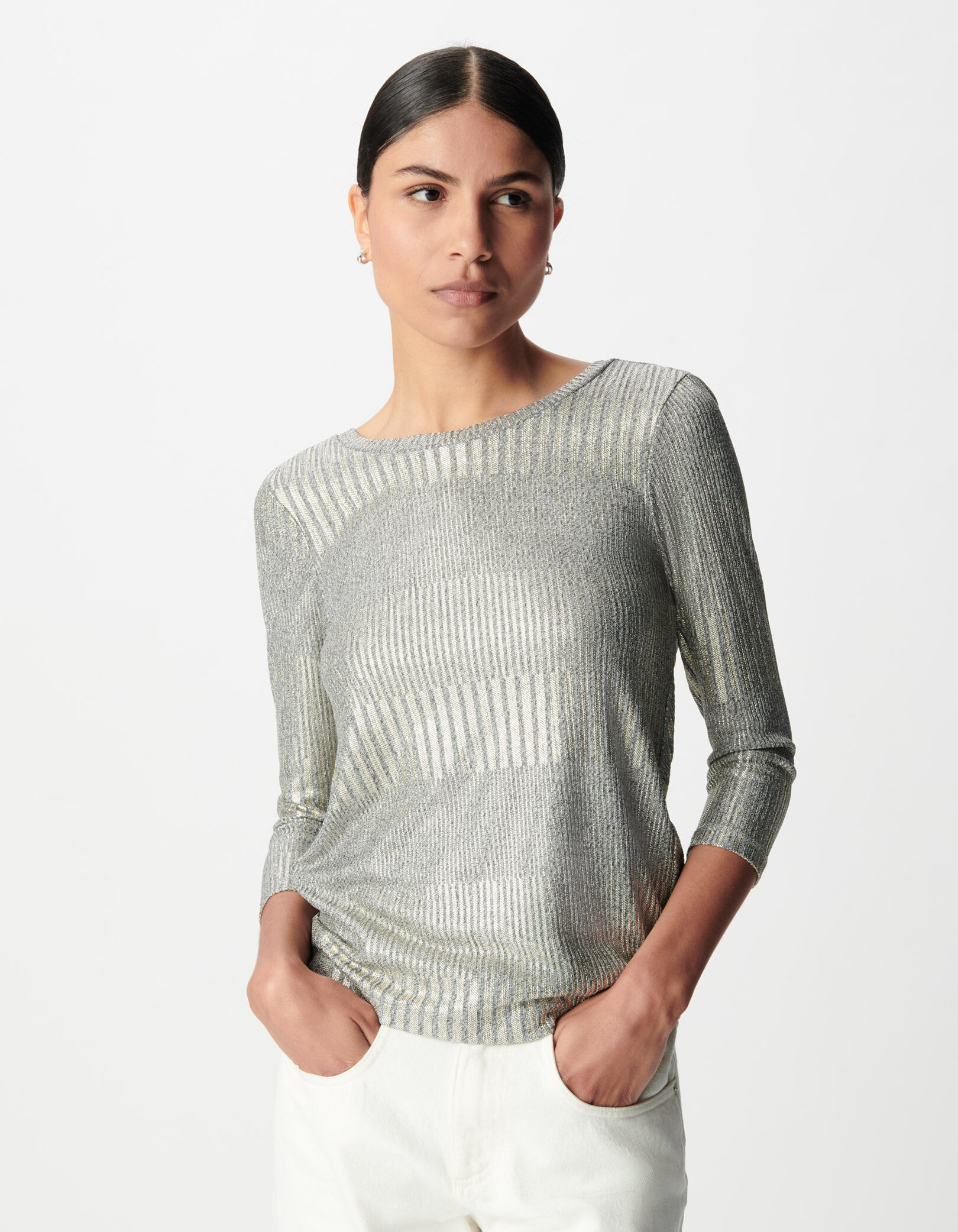 Tee-shirt doré maille côtelée nœud fixe dos Femme