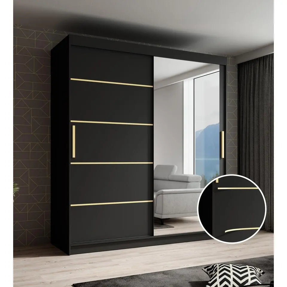 Meubella - Kledingkast Malavi 2 - Zwart - 180 cm - Met spiegel