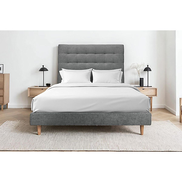 Lit avec tête de lit capitonnée tissu et sommier tapissier- Lit en bois massif