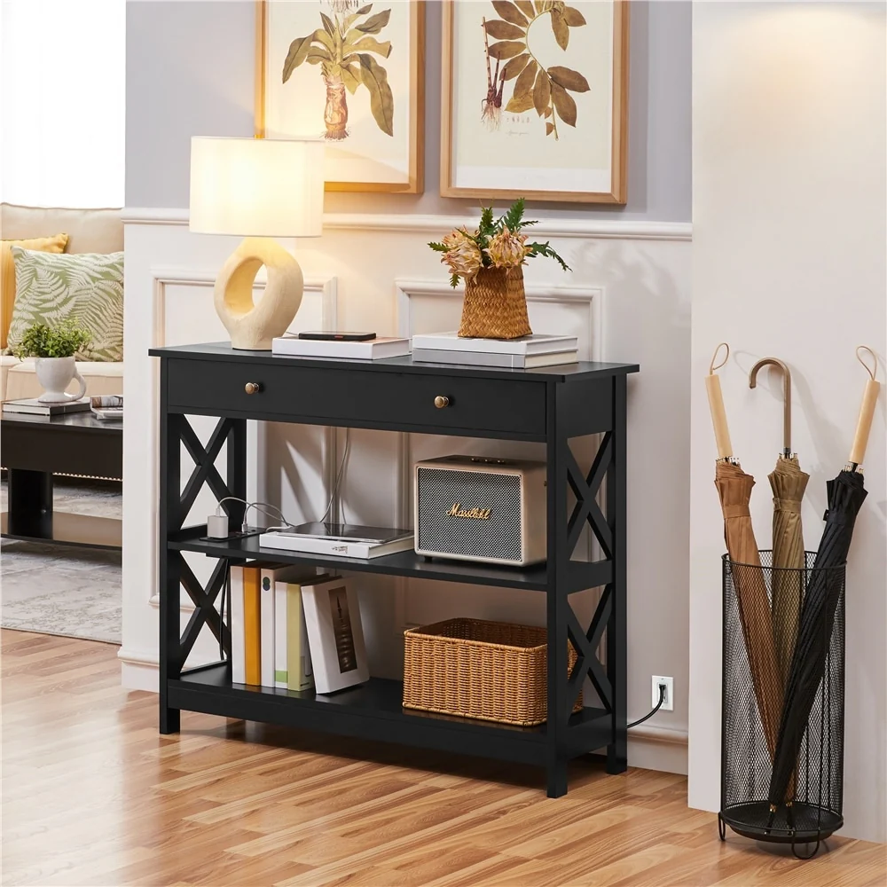Yaheetech Wooden Console Table with Power Outlet Entryway Table