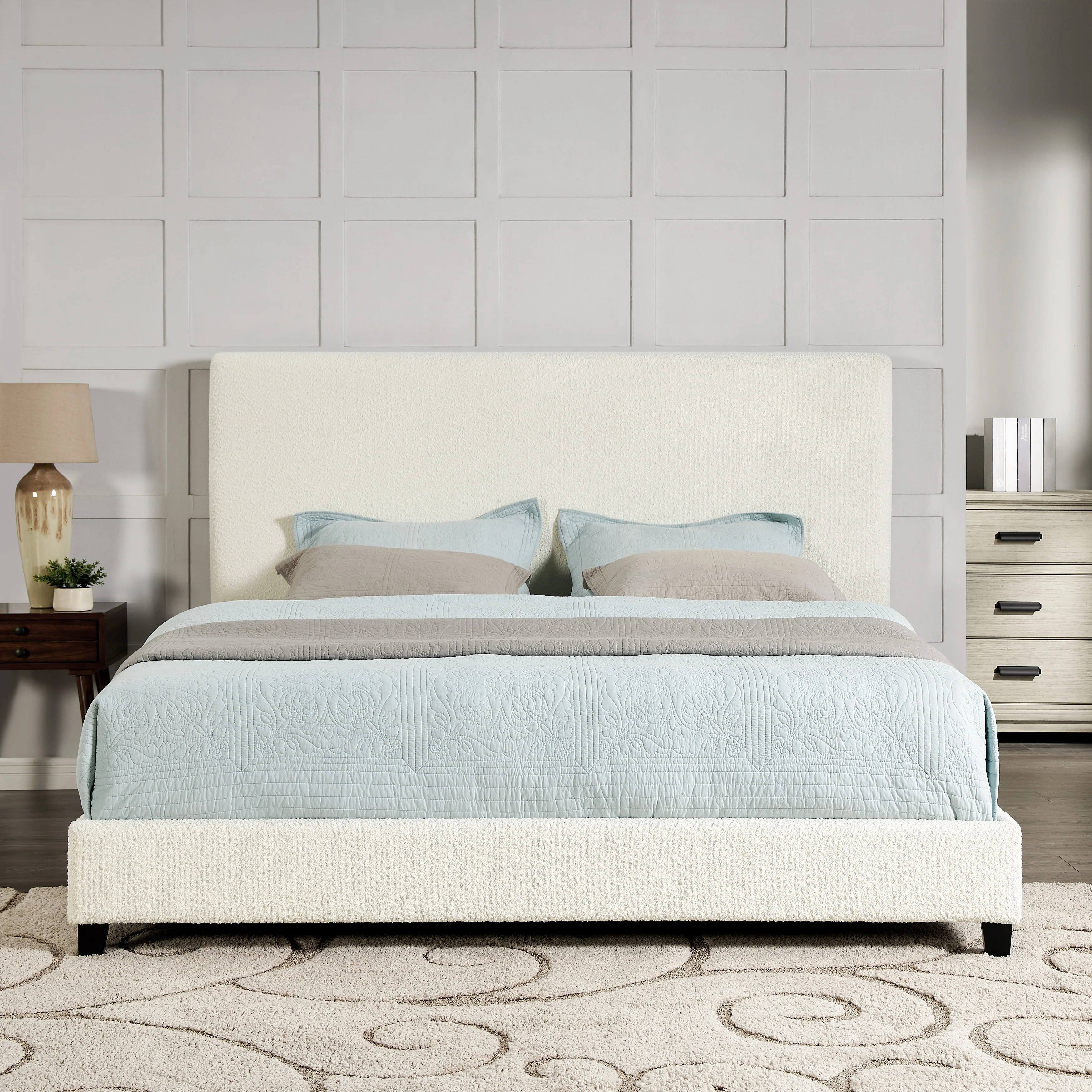 Bridgevine Home Tall White Boucle Panel Headboard Upholstered Platform Bed
