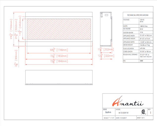 Amantii Smart 72&Prime; Wide &ndash; Deep Indoor or Outdoor Electric Built-in only with Black Steel Surround
