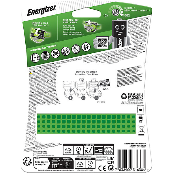 Lampe fontale Energizer Hard Case professionnel vision HD vert 350 lumens