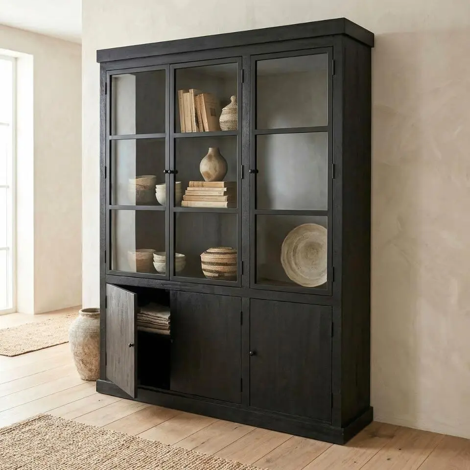 Vitrinekast Zwart - 160x40x220cm - Hout - Kast Rense