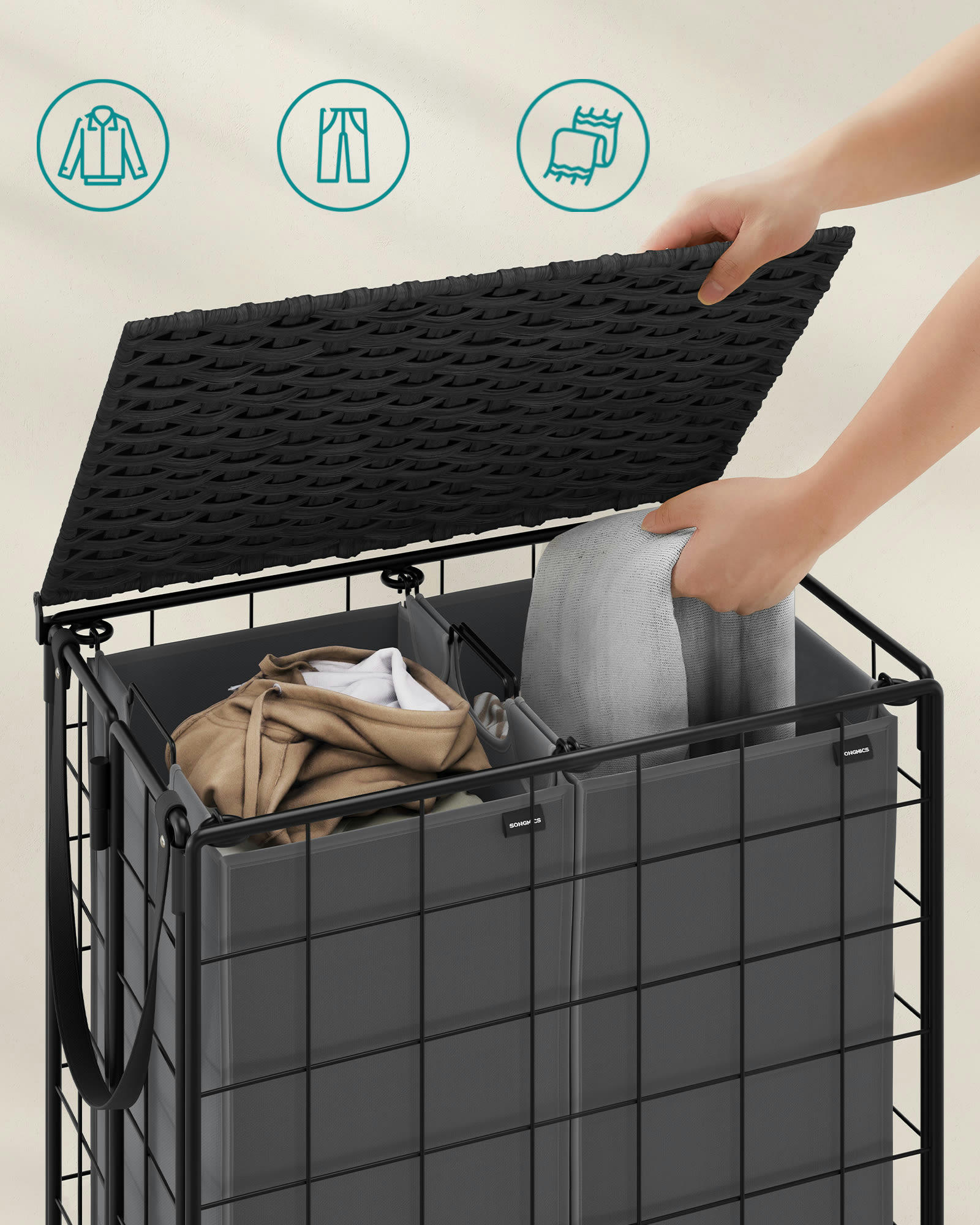 - Panier à linge acier tissu oxford noir d'encre et gris ardoise