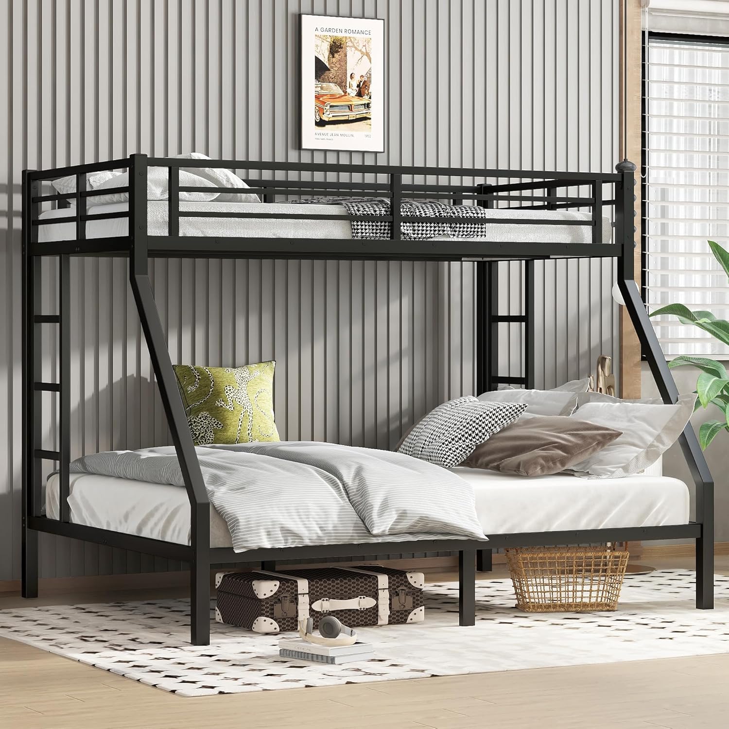 Bellemave Metal Twin XL Over Queen Bunk Bed for Adults/Kids,Heavy Duty Adults Bunk Beds with Guardrail & Ladders,Queen Size Bunk Beds for Teens,Black