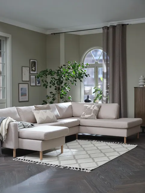 Hjørnesofa HELLERUP højre beige stof/natur eg