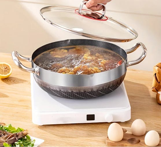 NNEOBA 30cm Stainless Steel Non-Stick Frying Pan with Glass Lid Silver
