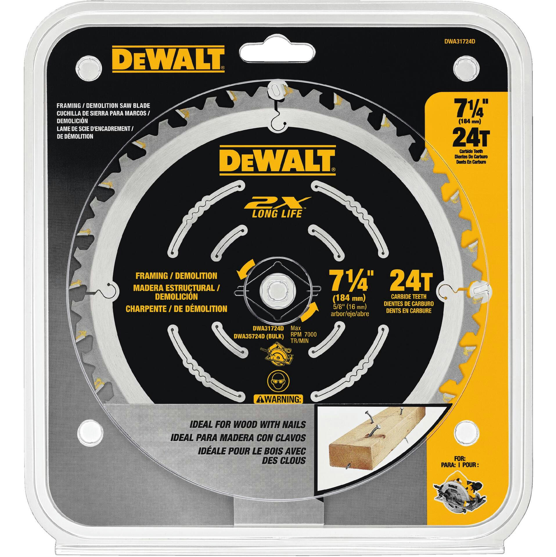 DEWALT DWA31724D 7-1/4-in 24T Demolition Framing Carbide Tipped Circular Saw Blade for Wood