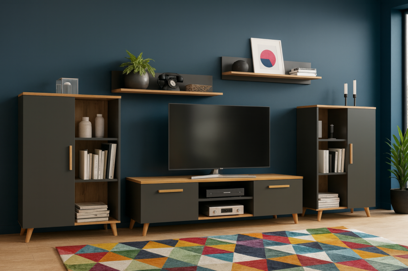 Zestaw mebli do salonu OSKAR IIRTV, komody, półki Antracyt Dąb Artisan