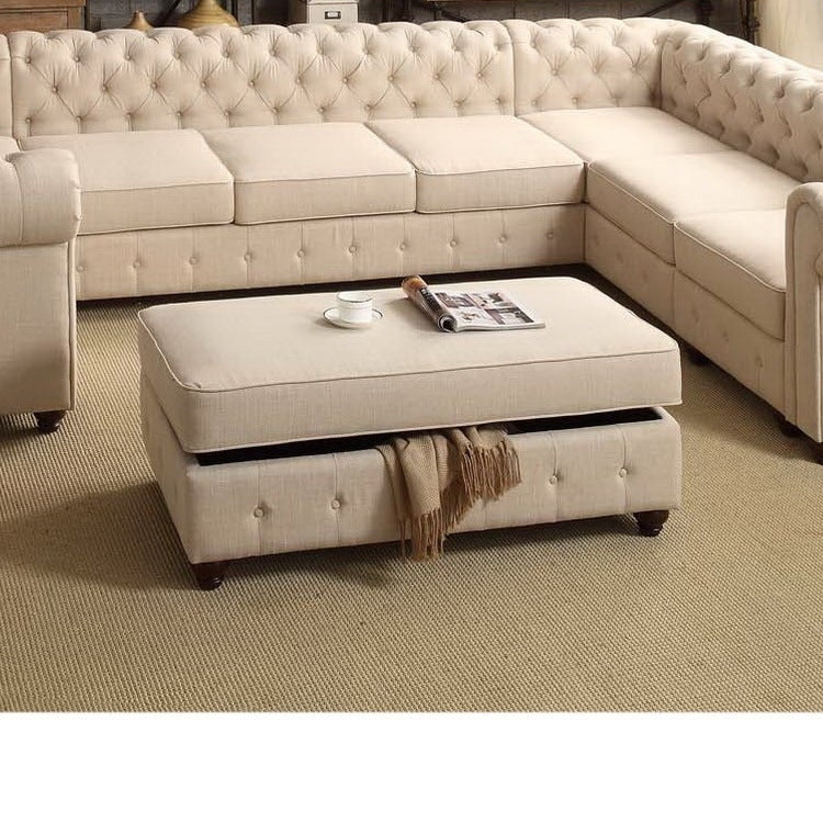 Moser Bay Garcia Tufted Linen Square Ottoman, Rectangle Ottoman, Storage Ottoman