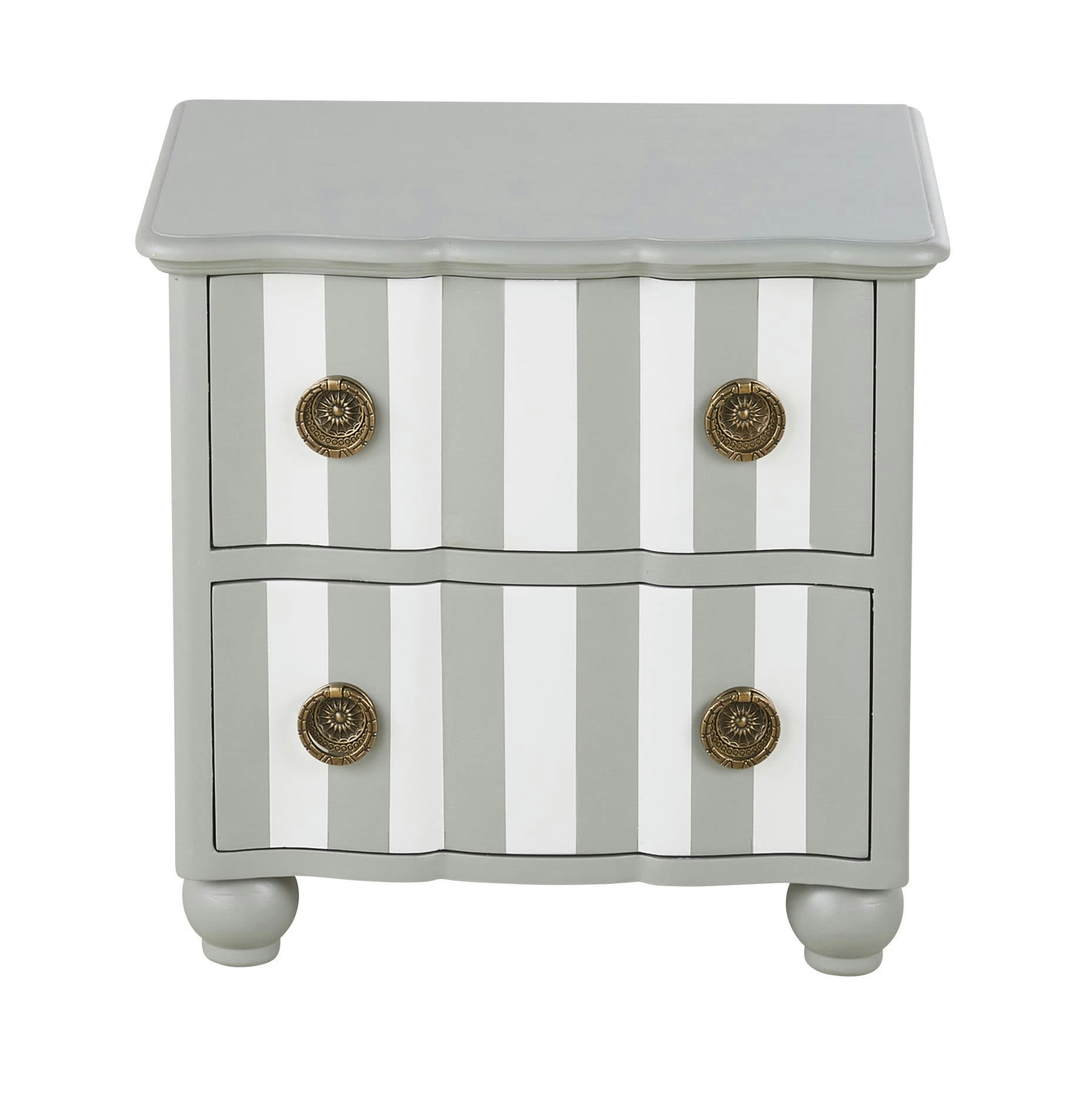 Gustavia - Table de chevet 2 tiroirs à motif rayures vert de gris et blanc
