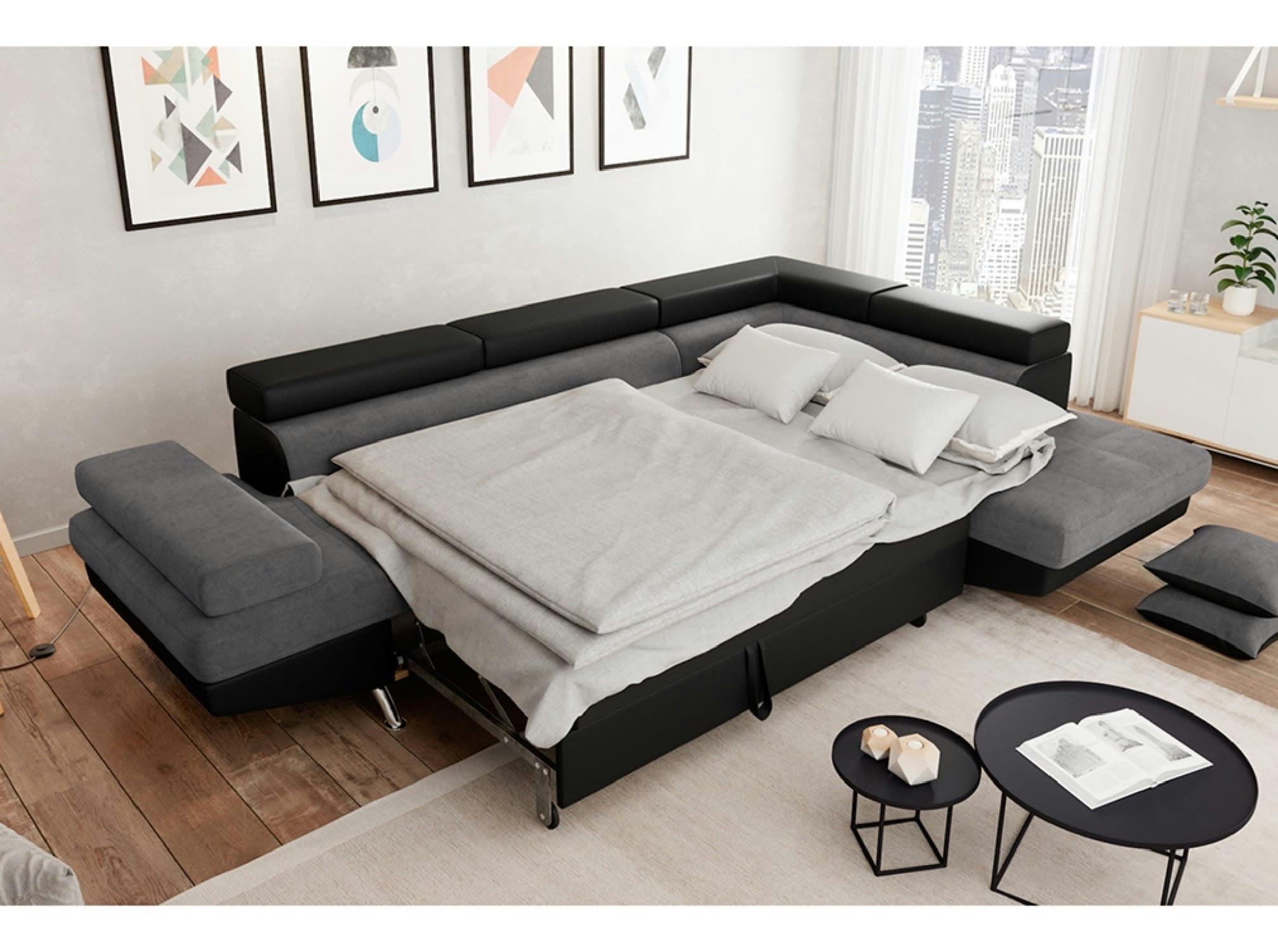 RIO - Canapé d'angle droit convertible avec coffre noir/gris