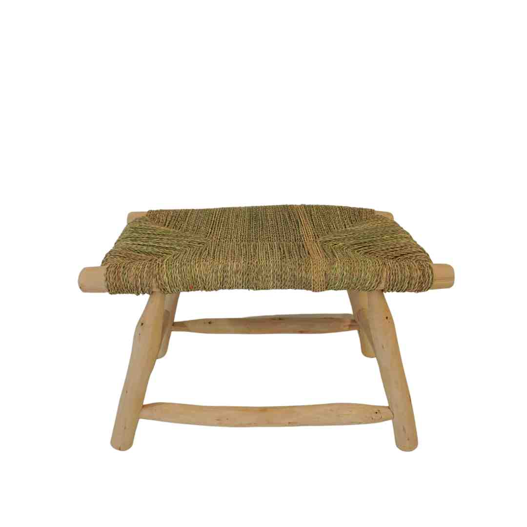 MÔMÉ Bankje Tulum - naturel - hout/zeegras - 65 x 40 x 40 cm - boho look