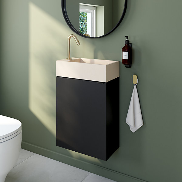Meuble lave-mains suspendu noir mat l.44 cm Imandra   plan vasque béton beige moucheté, GoodHome