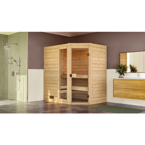 Massivholzsauna »VALIDA ECK 1«, 6 Personen, inkl. 7,5 kW Ofen mit externer Steuerung