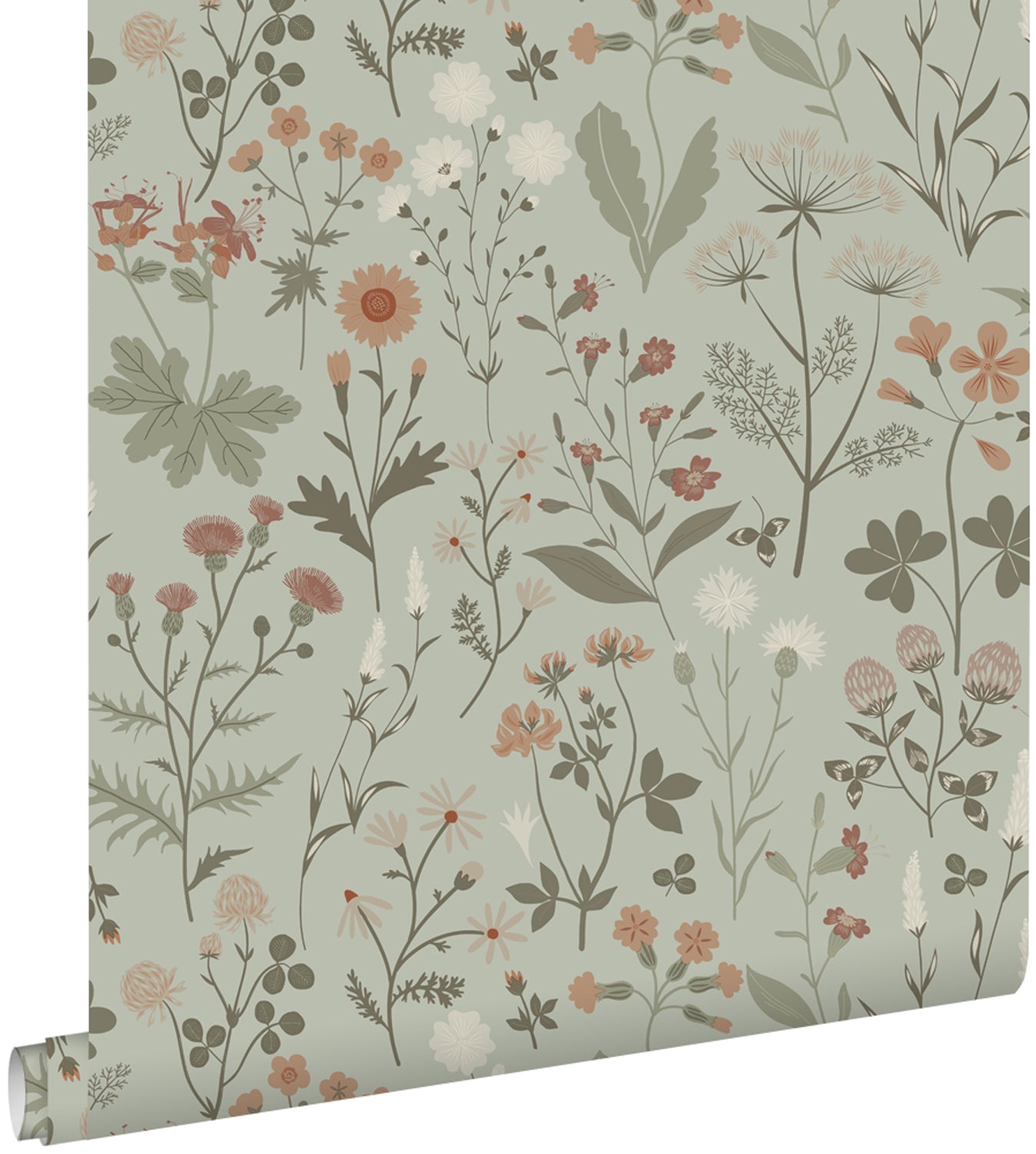 ESTAhome behang veldbloemen vergrijsd mintgroen - 53 cm x 10.05 m - 139598