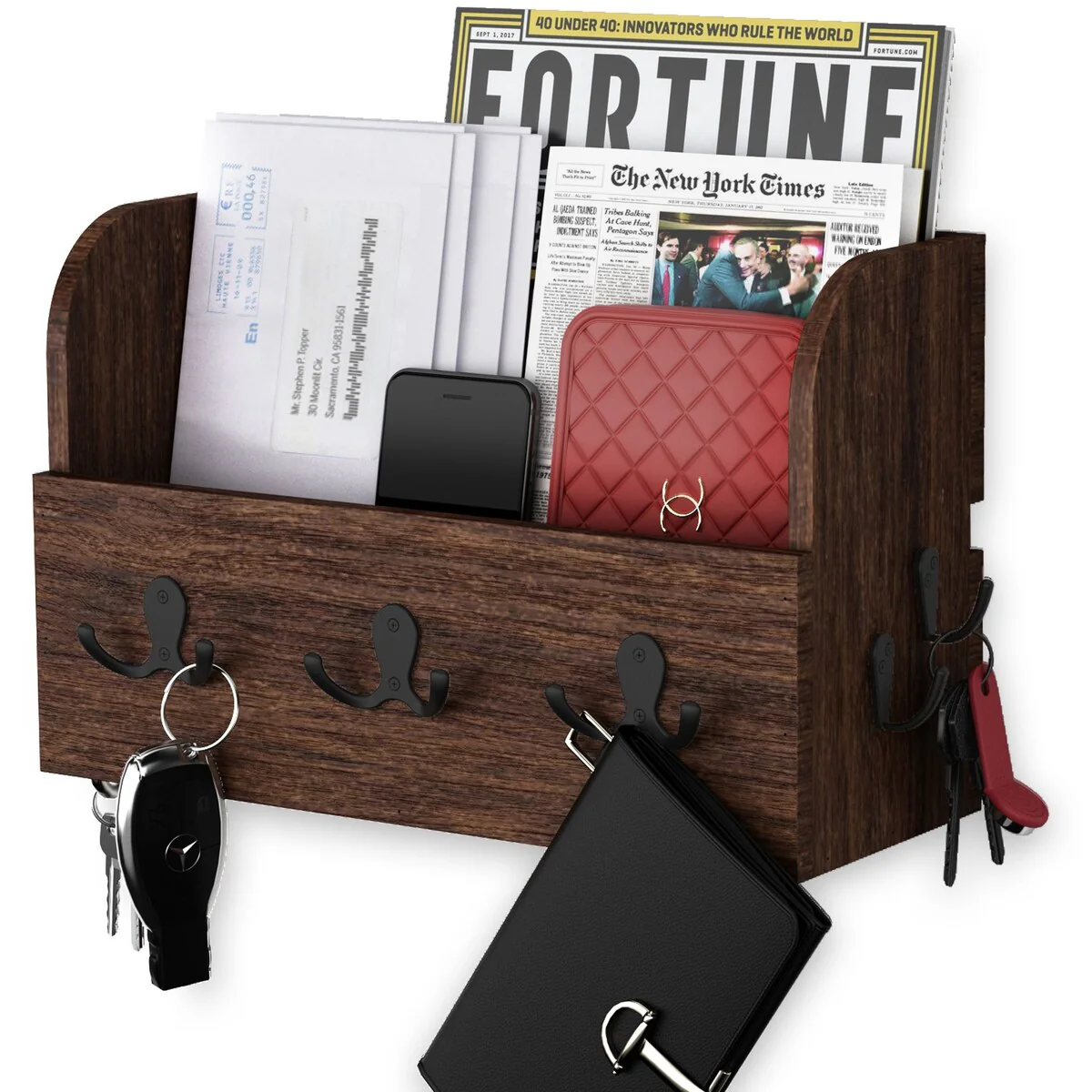 Wallniture Ohio Wood Entryway Organizer with Wall Hooks for Farmhouse Decor