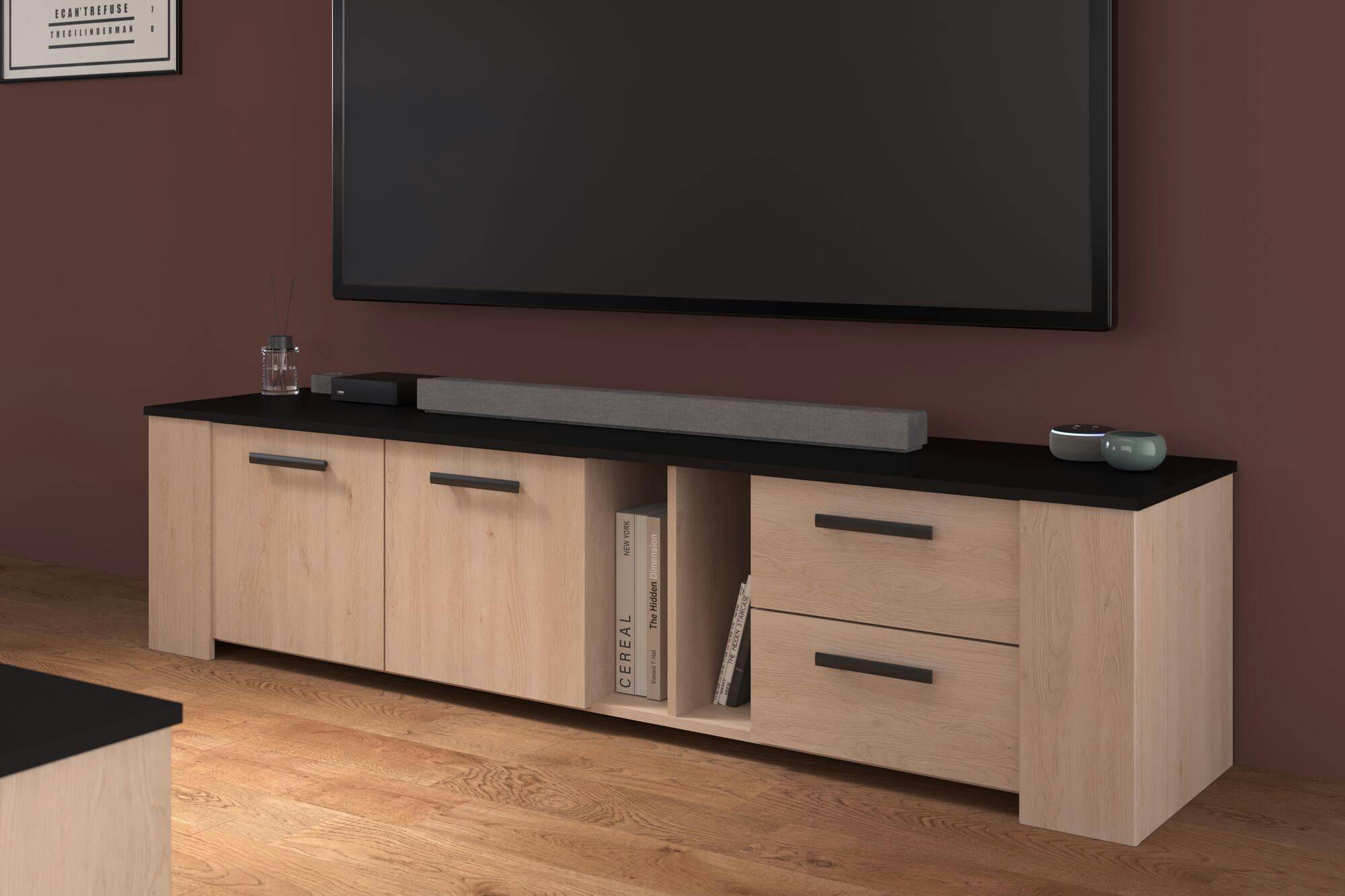 PRISCA - Meuble TV effet bois et noir