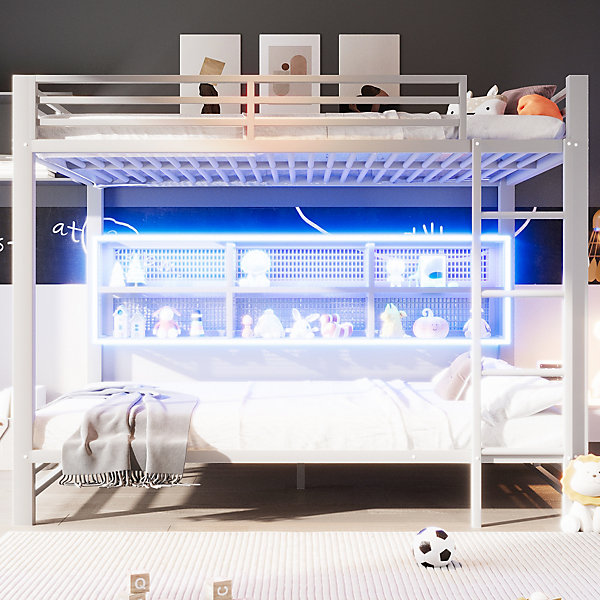 Lit superposé en métal 140x200 cm - Avec placards de rangement et LED - 6 compartiments de rangement - Blanc (sans matelas)